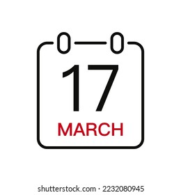 Fecha del 17 de marzo en el calendario, icono de trazo de línea vectorial para la interfaz de usuario. Calendario con fecha, ilustración vectorial.
