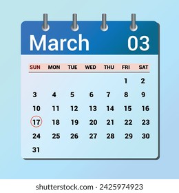 March 17. Flat icon calendar isolated on blue background. Date and month vector illustration