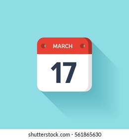 March 17. Isometric Calendar Icon With Shadow.Vector Illustration,Flat Style.Month and Date.Sunday,Monday,Tuesday,Wednesday,Thursday,Friday,Saturday.Week,Weekend,Red Letter Day. Holidays 2017.