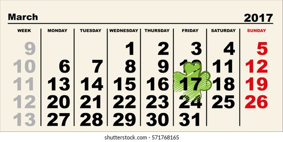 March 17 Patricks day calendar. Illustration in vector format