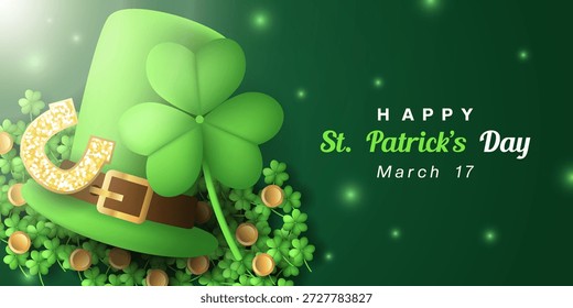 Der 17. März ist St. Patricks Day. Hut, Klee, Münze und mehr. Ideal für Karten, Banner, Poster, Social Media und mehr. Grüner Hintergrund.  
