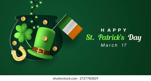 Dia 17 De março É O Dia De St Patricks. Chapéu, trevos, luz, bandeira da Irlanda e muito mais. Ótimo para cartões, banners, cartazes, mídias sociais e muito mais. Fundo verde.  