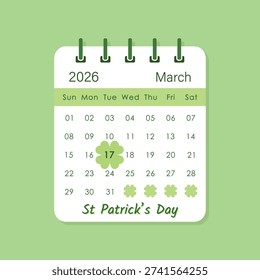 March 17 St Patricks day 2026, calendar date highlighted on calendar sheet, vector illustration