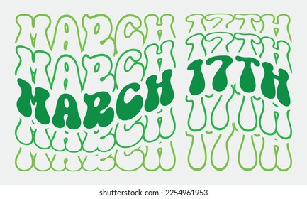 March 17th St. Patrick's Day word retro wavy repeat text Mirrored typography svg on white background