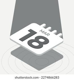 18 de marzo - Calendario 3D blanco y negro flotando con foco en fondo blanco