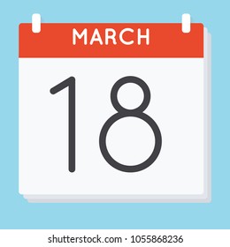 March 18. Calendar icon. Vector illustration in flat design isolated in blue background. Date and time, day, month.