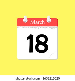 March 18 - Calendar Icon - Vector Illustration on a Yellow Background Design.