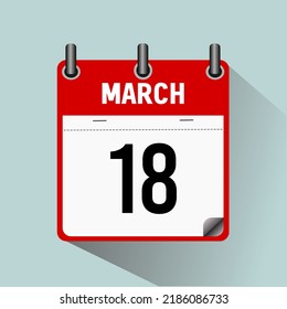 18 de marzo, ilustración vectorial de icono del calendario, aislado en fondo azul claro.