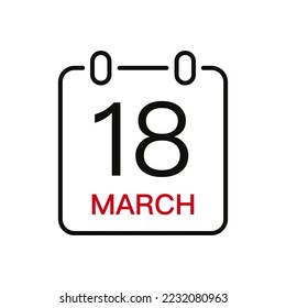 March 18 date on the calendar, vector line stroke icon for user interface. Calendar with date, vector illustration.