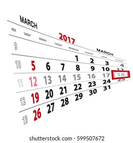 March 18, highlighted on 2017 calendar. Vector Illustration.