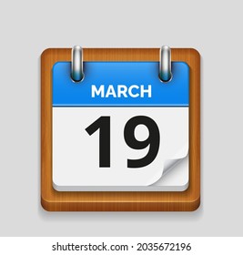 March 19 blue daily realistic calendar with wooden frame icon date vector image