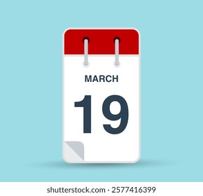 March 19 calendar icon isolated on background. March vector for day of week and month in red. Calendar design vector template. Vertical orientation.