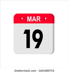 March 19  - Calendar Icon. Calendar Icon with shadow. Flat style. Date, day and month. Reminder. Vector illustration. Organizer application, app symbol. Ui. User interface sign. EPS 10