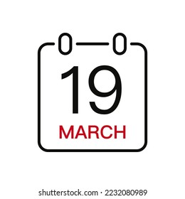 March 19 date on the calendar, vector line stroke icon for user interface. Calendar with date, vector illustration.