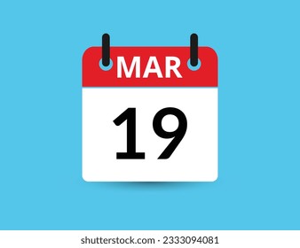 19 de marzo. Calendario de icono plano aislado en fondo azul. Ilustración vectorial de fecha y mes
