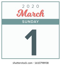 March 1st, 2020. Calendar Day Icon. Red And Grey Color.