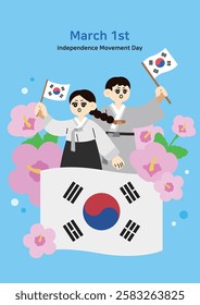 March 1st Illustration with a person wearing Hanbok waving the Taegeukgi