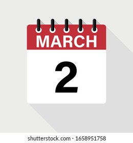 MARCH 2 - Calendar Icon. Calendar Icon with shadow. Flat style. Date, day and month.