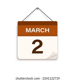 2 de marzo, icono del calendario con sombra. Día, mes. Hora de cita de la reunión. Fecha de programación del evento. Ilustración vectorial plana. 