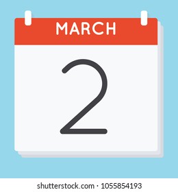March 2. Calendar icon. Vector illustration in flat design isolated in blue background. Date and time, day, month.