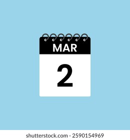 March 2 calendar reminder. 2nd March Date Month calendar icon design template.