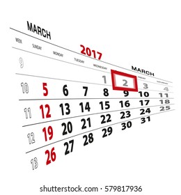March 2, highlighted on 2017 calendar. Vector Illustration.