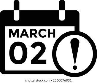 March 2 on calendar icon vector. Calendar vector icon. Deadline. Date. 
