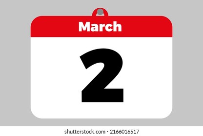 March, 2. White and red calendar.
