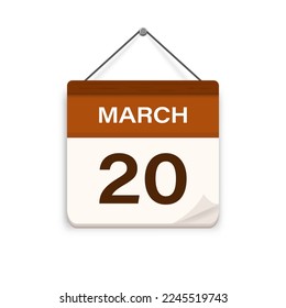 20 de marzo, icono del calendario con sombra. Día, mes. Hora de cita de la reunión. Fecha de programación del evento. Ilustración vectorial plana. 