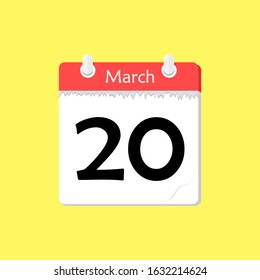 March 20 - Calendar Icon - Vector Illustration on a Yellow Background Design.