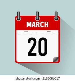 March 20, calendar icon vector illustration, isolated on light blue background.