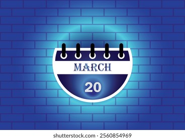 March 20 calendar sign on blue neon brick wall background. Flat design style. Date, day and month. Vector illustration.