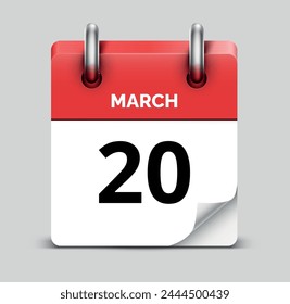 March 20 daily realistic red calendar icon date vector image