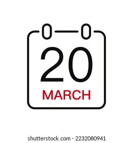 March 20 date on the calendar, vector line stroke icon for user interface. Calendar with date, vector illustration.