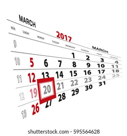 March 20, highlighted on 2017 calendar. Vector Illustration.