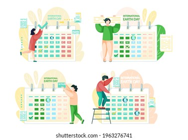 March 20 on calendar. Set of illustrations about international earth day. Mark on calendar to celebrate holiday of nature. Schedule with marked earth day. People planning timetable with holiday