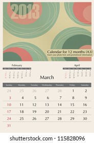 March. 2013 Calendar. Optima fonts used. A3