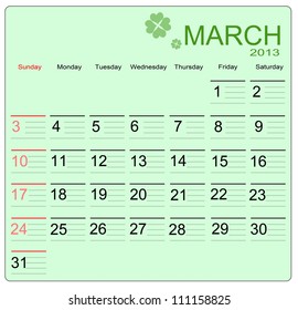 March 2013 calendar, vector illustration