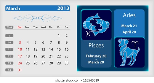 March 2013 Calendar and zodiac