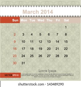 March 2014 calendar design, vector illustration