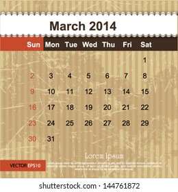 March 2014 calendar design, vector illustration