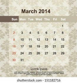 March 2014 calendar design, vector illustration