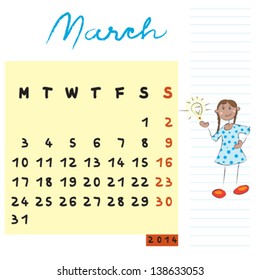 march 2014 calendar illustration, hand drawn design with kid, the reflective student profile for international schools
