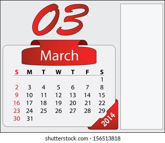 March 2014 calendar with red labels and free space. Abstract editable isolated Sunday start calendar vector design. 