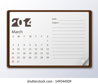 March 2014 Calendar, Vector illustration.