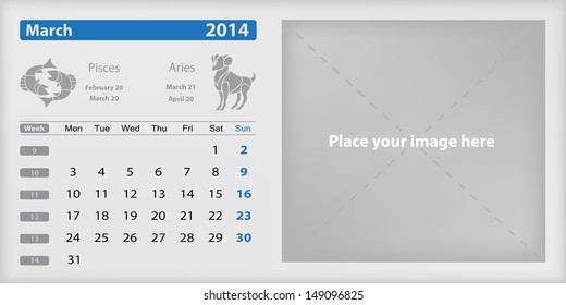 March 2014 Calendar and Zodiac Vector illustration. EPS 10