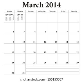 March 2014 -planning calendar. Weeks start on Sunday.