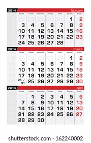 March 2014 Three-Month Calendar