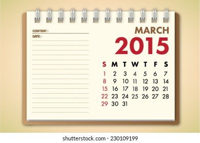 March 2015 Calendar Notebook Paper Vector 
