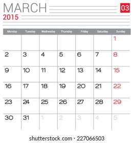 March 2015 calendar vector design template. Simple blank calendar illustration.